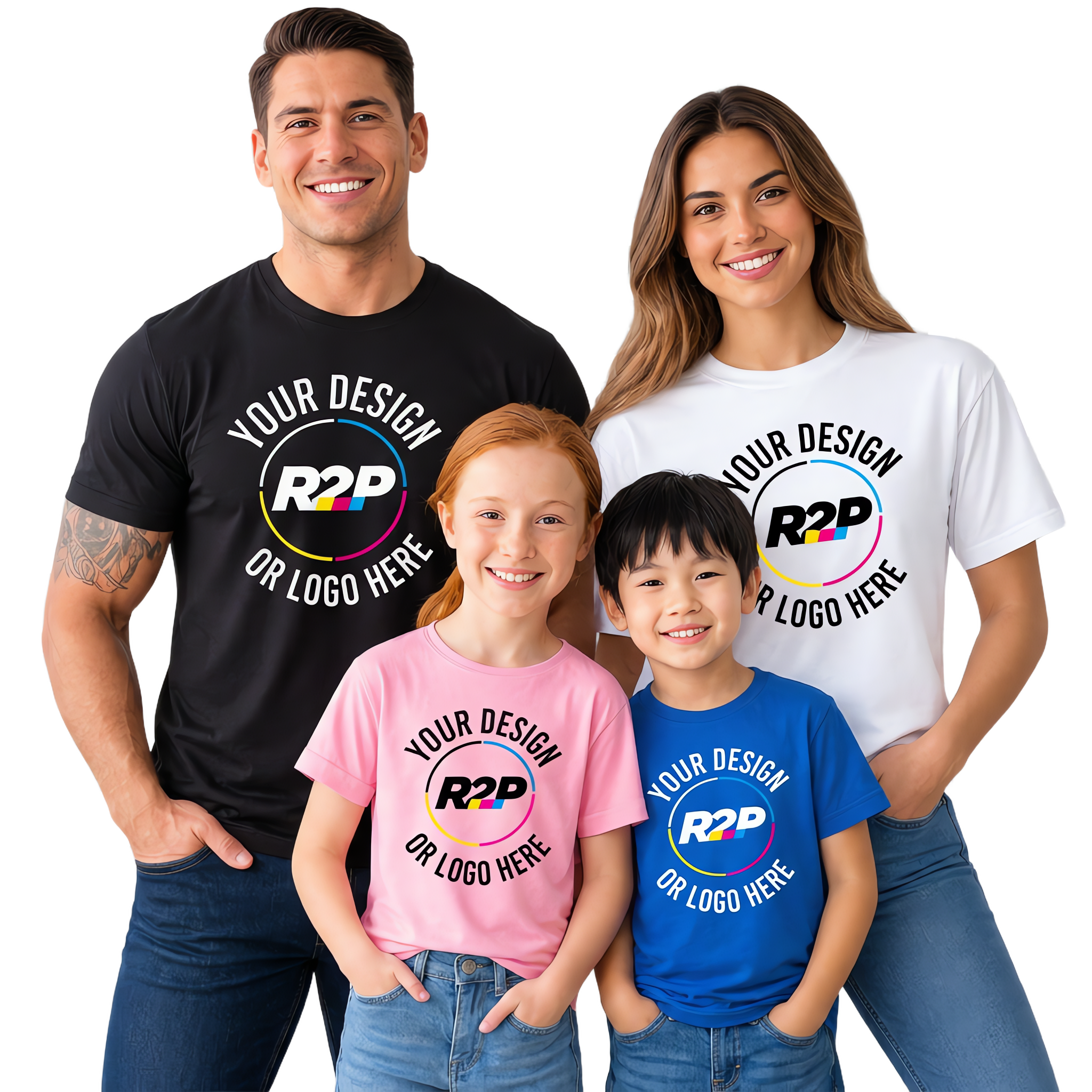 Adults and children wearing custom READY2PRESS T-shirts